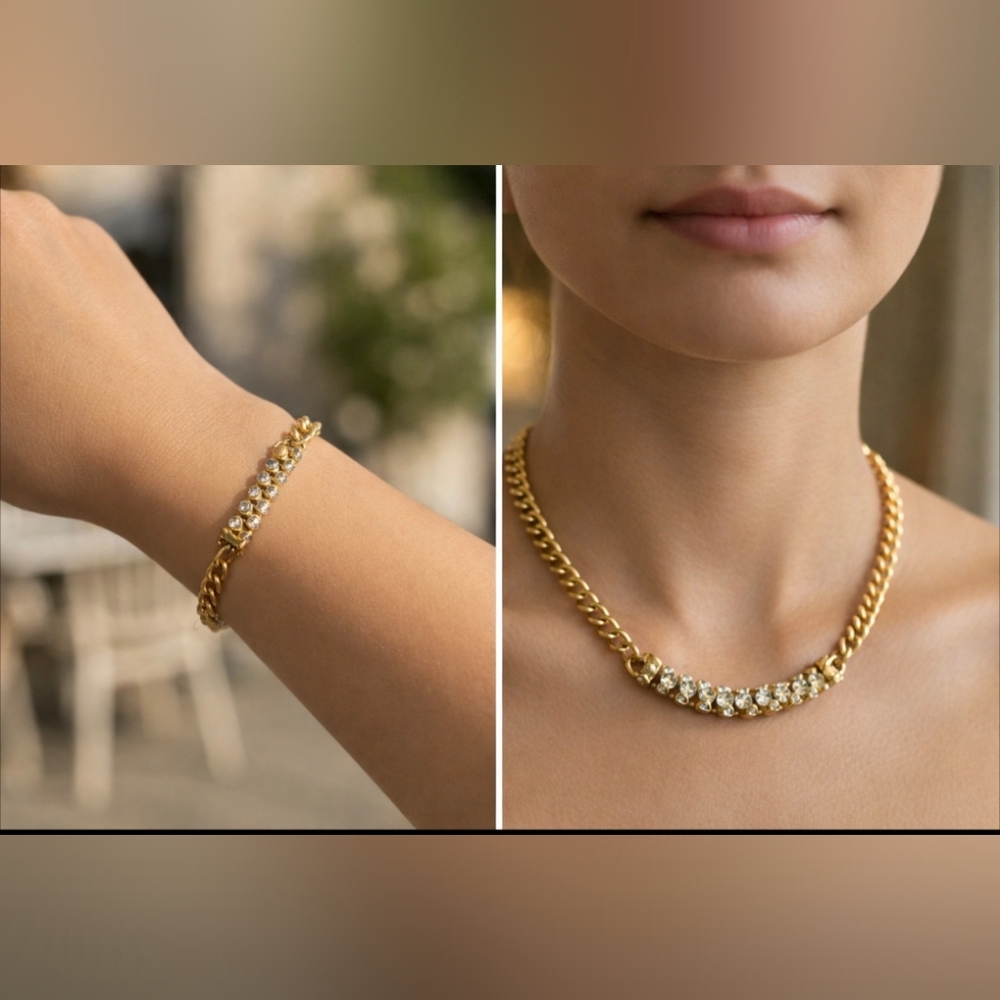 Gold Rhinestone Bar Necklace & Bracelet Set Curb Chain Sparkle Jewelry